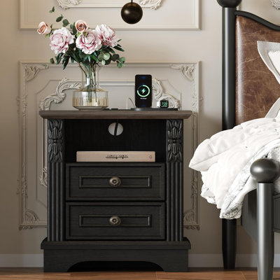 Farmhouse Nightstand With Charging Station – 20" 2-drawer End Table, Storage Side Table For Bedroom & Living Room