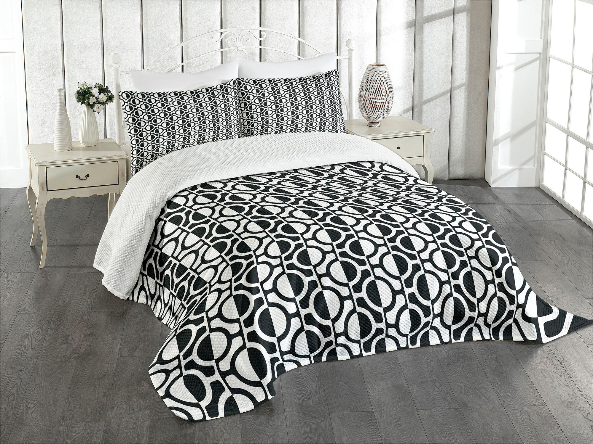 Ambesonne Black and White Bedspread Set Lattice Pattern Black White ...