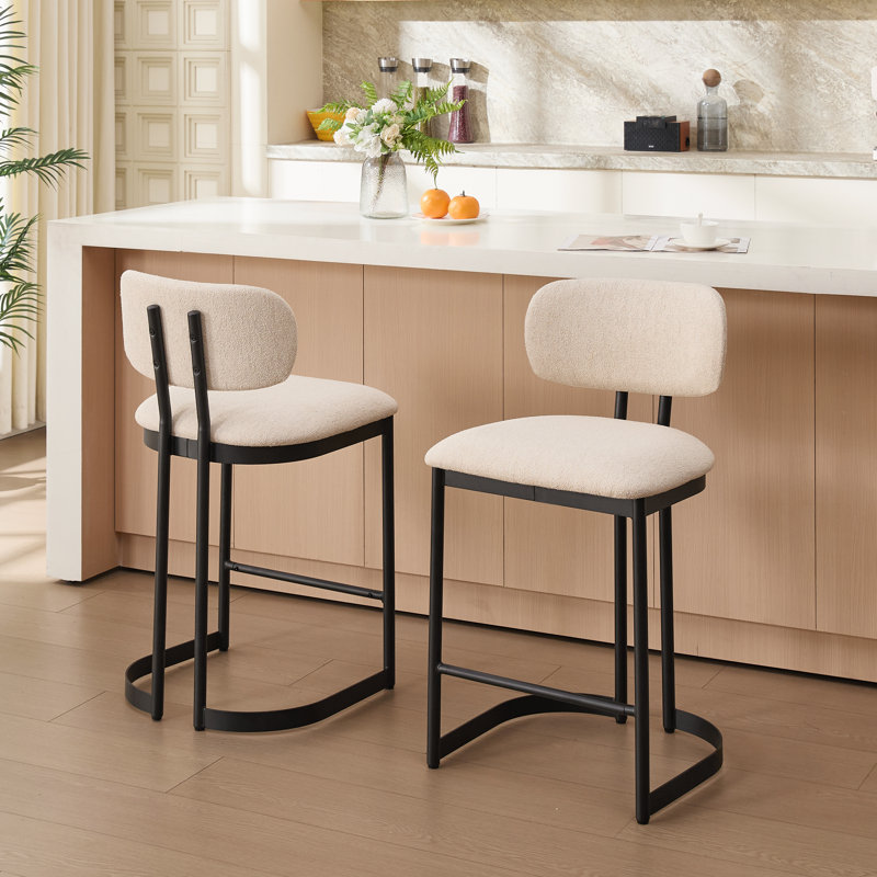 Modern Linen Upholstered 25.6" Counter Height Kitchen Stool With Metal Sled Base, Black