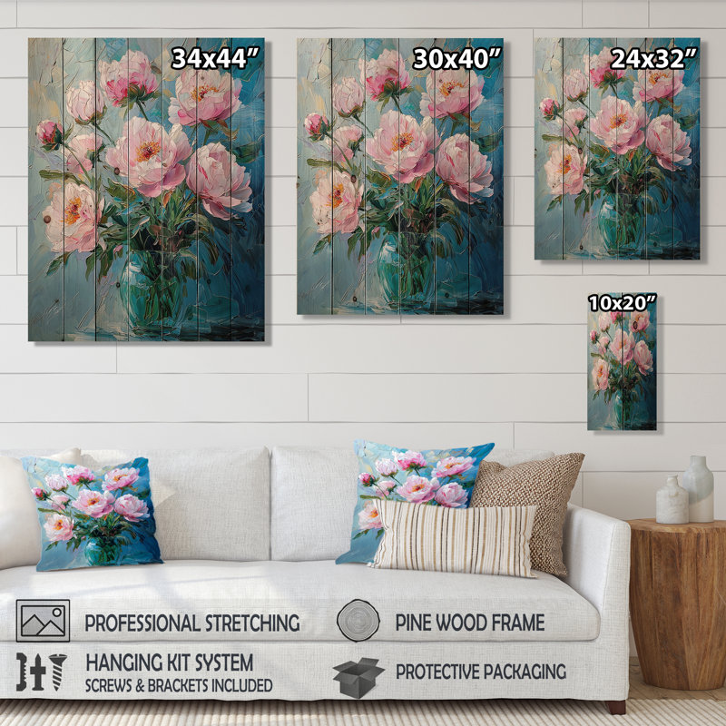 Pivoines, harmonie des pétales dans un vase II - pivoines, art mural sur bois de pin naturel, H 32 po x l 24 po x P 0,78 po