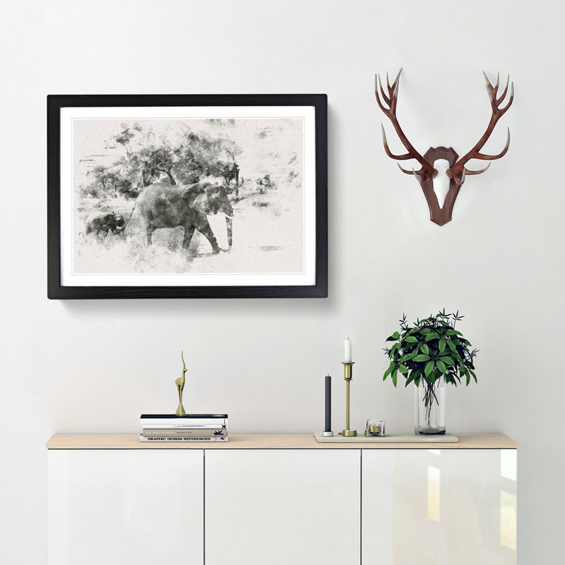 Mother & Baby Elephant Strolling - Framed Print, 62cm H x 87cm W x 2cm D, Black Framed