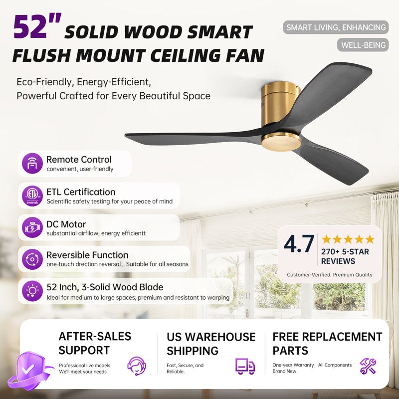 Sofucor Rachel 52'' 3-Solid Wood Blade Flush Mount Classic Ceiling Fan no Lights, Gold/Black, Gold with Black Blade