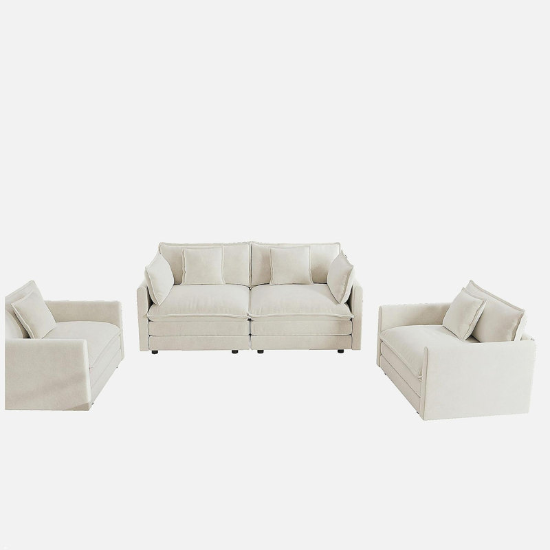 Ensemble de canapé 3 pièces avec coussins et coussins décoratifs, ensemble de canapé comprenant 2 fauteuils et un canapé à 2 places, ensemble de canapé décontracté peu encombrant pour le salon, chenille blanche