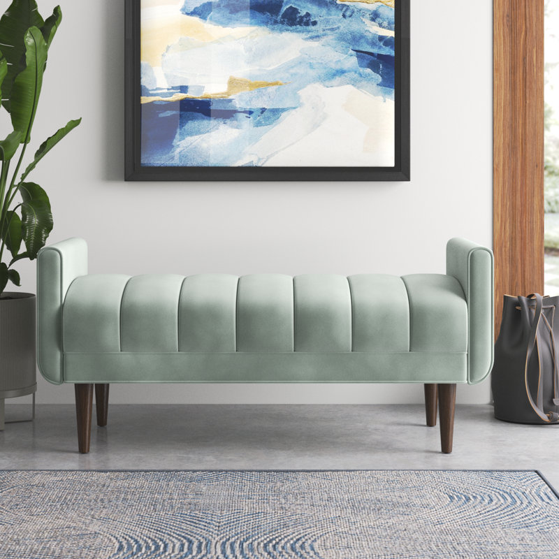 Pistachio Green Velvet Upholstered Channel Bench with Dark Wood Legs