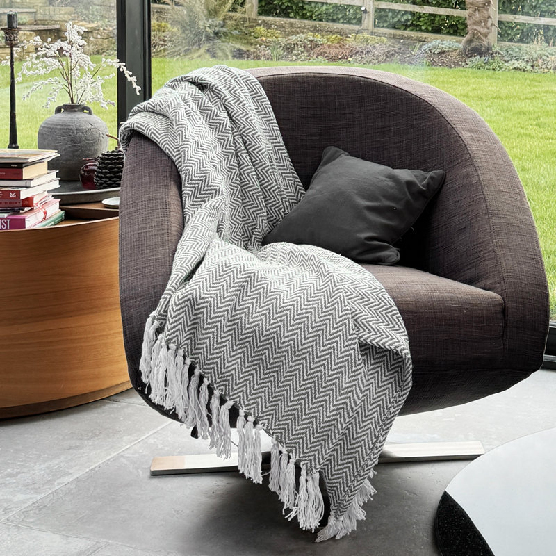 Audley Chevron Herringbone Throw Blanket, Grey, 125 cm x 150 cm