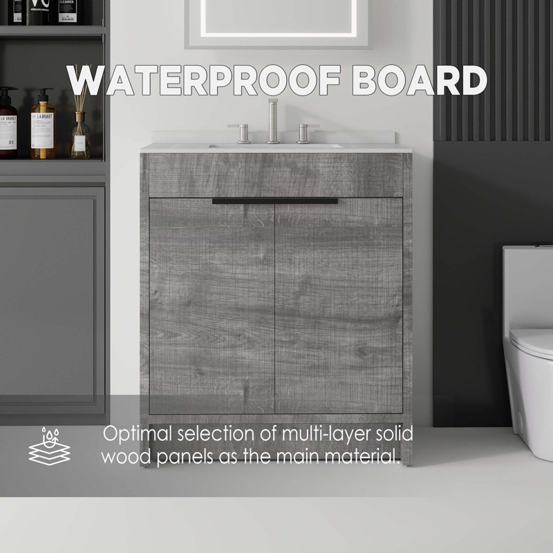 Meuble-lavabo autoportant moderne avec comptoir en marbre de culture et portes à fermeture douce, Grey