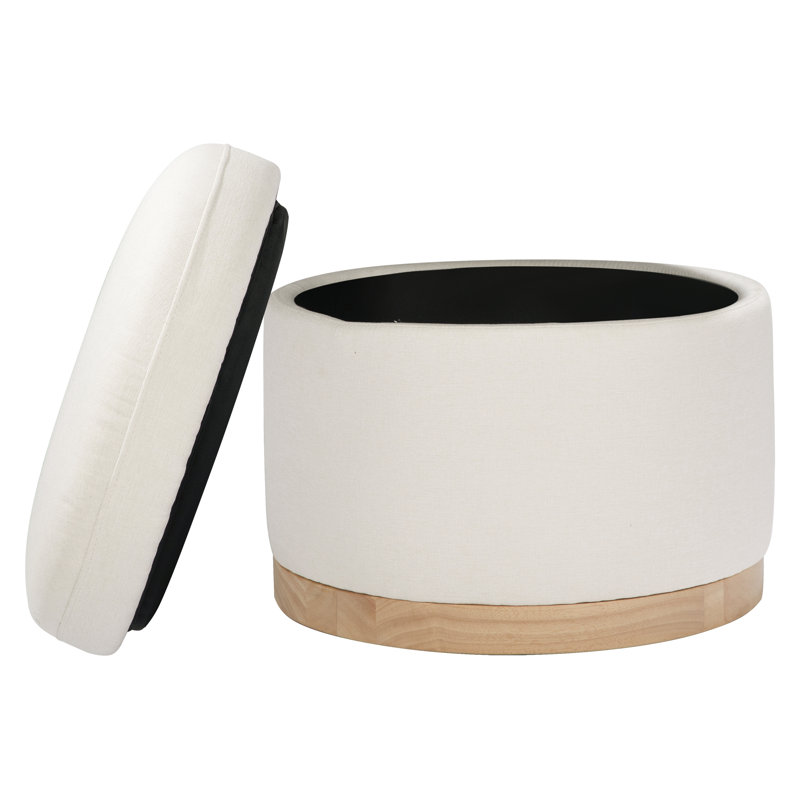 Naka 21.5" Round Cream Storage Ottoman with Light Wood Base