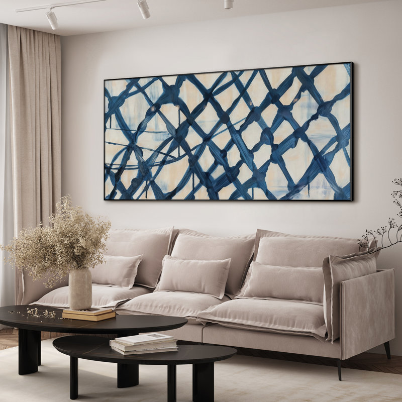 Extra Large Wall Art Fabric Print - Bold Navy Grid Abstract on Neutral Ground Artwork Decor for Living Room or Bedroom - "Frame Assembly Required (Unfinished Frame)"