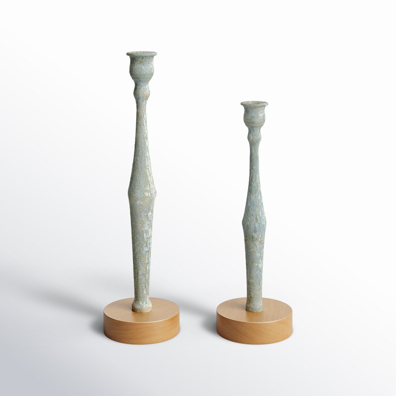 Light Blue Distressed Wood Tabletop Candlestick Set