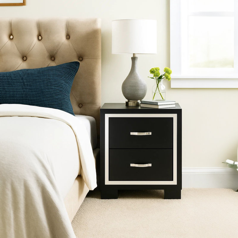 Geny Nightstand, 2 Drawers, Silver Trim And Metal Handles, Black Wood