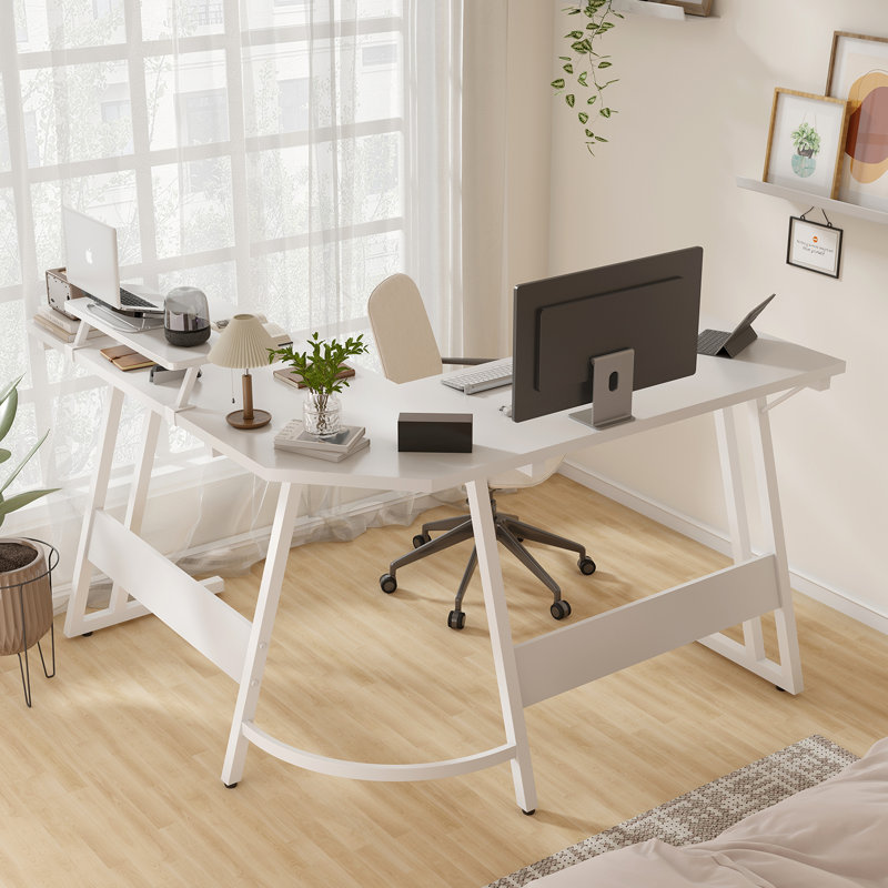Vanesa 120cm L-Shape Computer Desk Metal Base Corner Gaming Desk Large PC Writing Table, 75 H x 120 W x 120 D, White