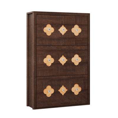 Slim Shoe Cabinet with 3 Flip Drawers, Narrow Hidden Wood Shoe Storage Organizer with Flower Pattern and Diamond Handles, Adjustable Shelves, Freestanding Shoe Rack for Entryway, Hallway-Brown