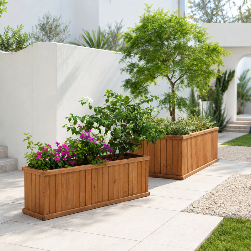 2-Piece Cedar Wood Outdoor Planter Box Set with Drainage, 60-Inch and 72-Inch Rectangular, Brown