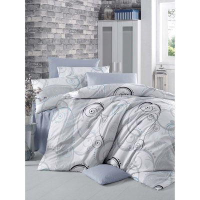 Premium Ranforce King Quilt Cover Set, 100% Cotton, 94.5 x 86.6 inches | Includes 2 Pillowcases (23.6 x 23.6 inches) | Machine Washable, 145 Thread Count, Elegant White, Grey & Black Design with Button Closure