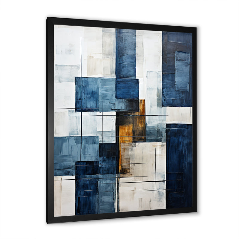 Indigo Illusion Abstract Shapes V - Décoration murale formes abstraites, Cadre simple noir, H 32 po x l 24 po x P 1 po