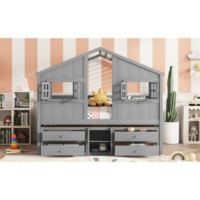 Pine Grey Full Size House Loft Bed With Windows, 4 Storage Drawers, Guardrails, And A Semi - Enclosed Sleeping Nook Roof, Private Space