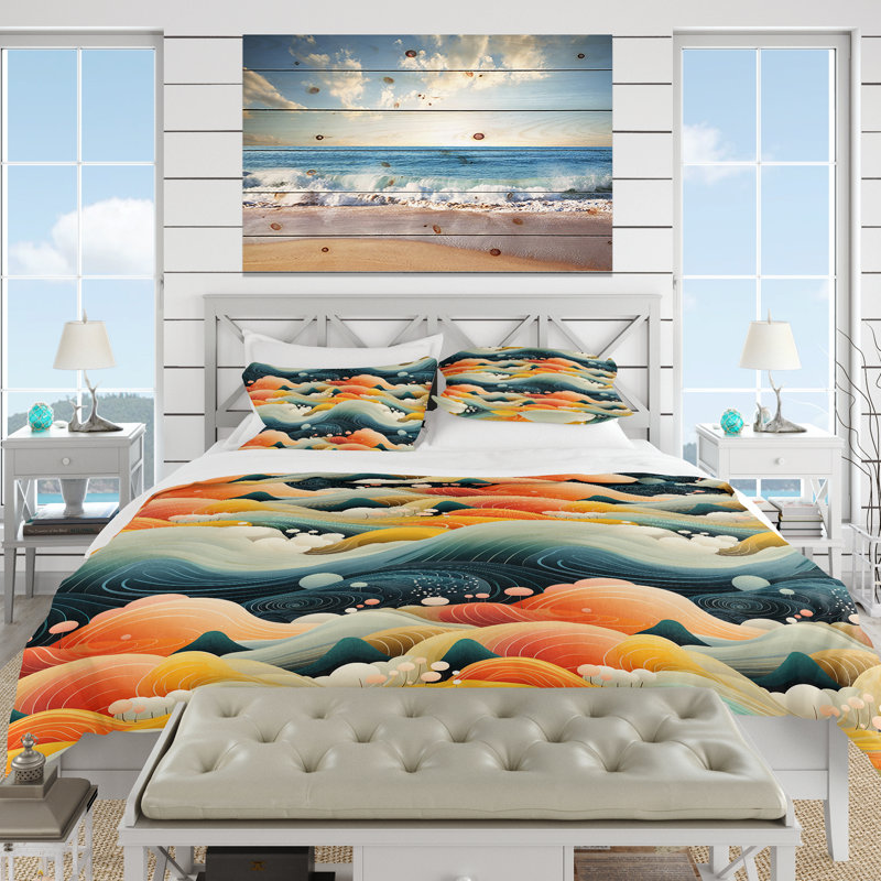 Ensemble de housse de couette Teal Zen Landscape Harmony, Housse de couette pour grand lit et 2 taies décor