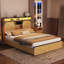 Lit plateforme double, panneau de fibres à densité moyenne naturel et acier, avec tiroirs de rangement, station de charge et lumières DEL pour la chambre à coucher