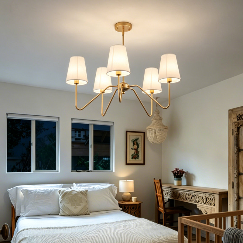 5-Light Gold Chandeliers for Dining Room with White Shade, Rose Gold