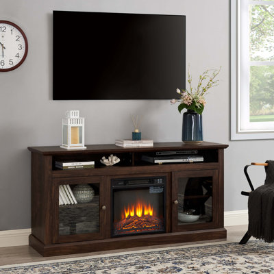 Meuble télé contemporain avec meuble télé avec foyer encastrable 18 po pour téléviseur de 65 po ou moins avec espace de rangement ouvert et fermé, brun, l 60 po x P 15,75 po x H 29 po