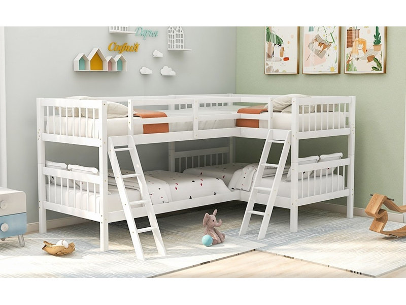 Lit superposé en L avec échelle, taille simple - gris (aucun sommier requis, robuste et durable), Blanc