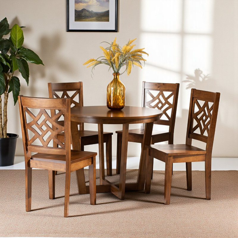 Ford 5-Piece Modern and Contemporary Walnut Brown Finish Dining Set, 29.61" H X 35.12" W X 35.12" D, Brown, Brown