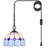 Small Tiffany Pendant Light Plug in White Blue Checkered Style Stained Glass Hanging Lamp