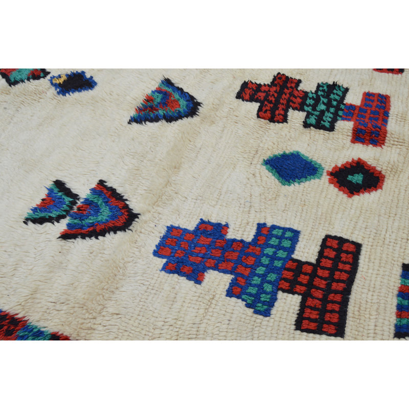 Tapis blanc cassé / vert / bleu One-of-a-Kind 4 pi 7 po x 7 pi 5 po années 1980