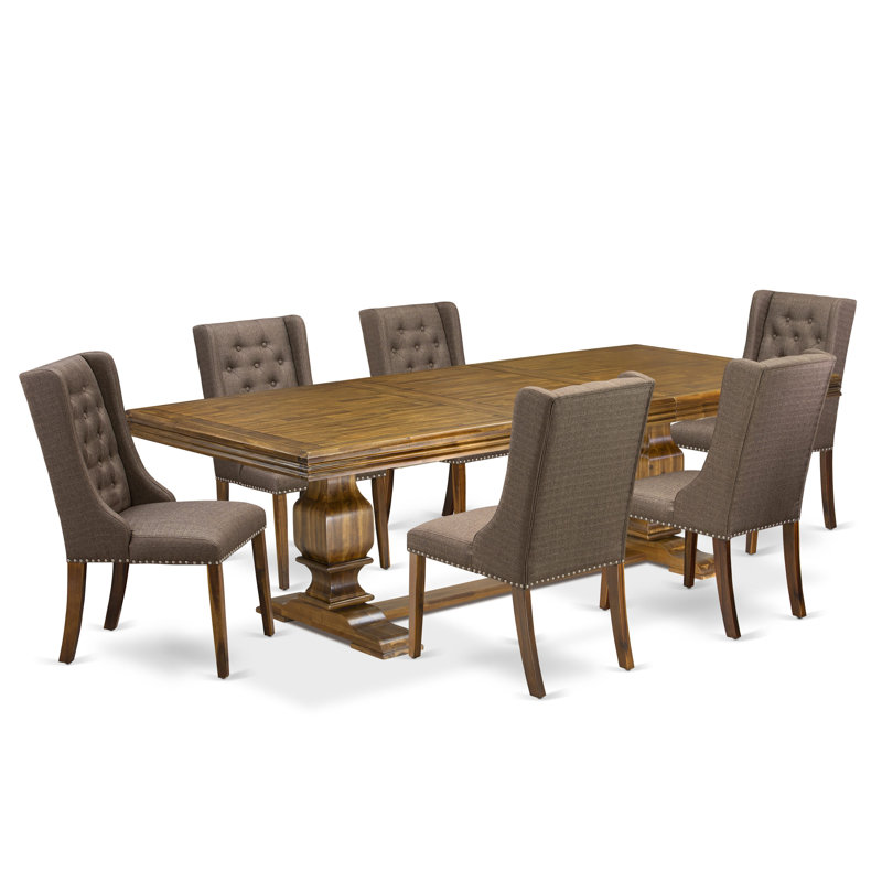 Cet ensemble de salle à manger 7 pièces comprend une table et 6 chaises rembourrées en tissu de lin brun avec dossier capitonné - finition noyer antique.