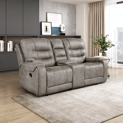 Solena 76.5" Modern & Contemporary Microfiber Manual Reclining Loveseat with Tab Pull Reclining, Integrated Center Console with Cup Holders