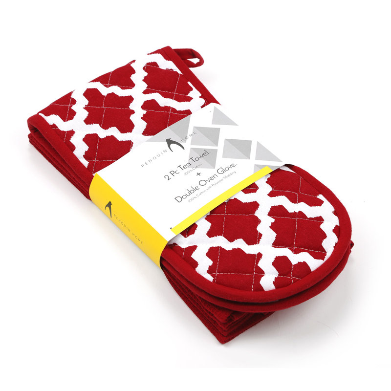 Brambly Cottage Striped Potholder & Oven Mitt Set, Red Diamond Print