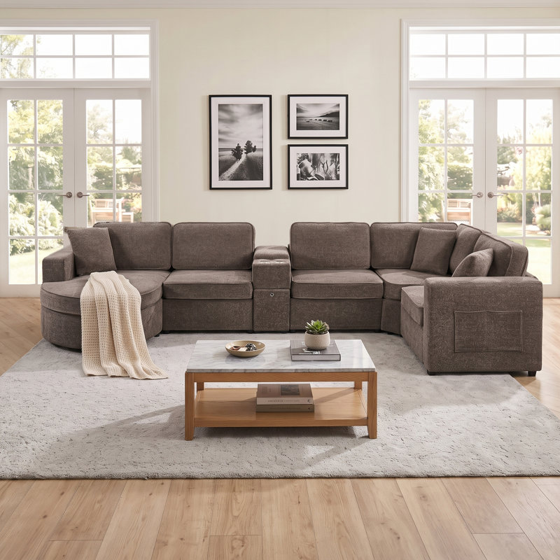 Canapé d'angle en forme de U Havencrest de 151,6 pouces avec méridienne et console centrale pour salon, Brun