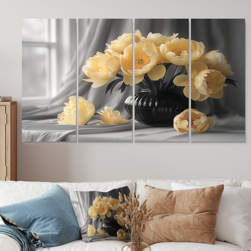 Ensemble d'art mural sur toile jaune et gris avec pivoines rétro, H 28 po x l 48 po