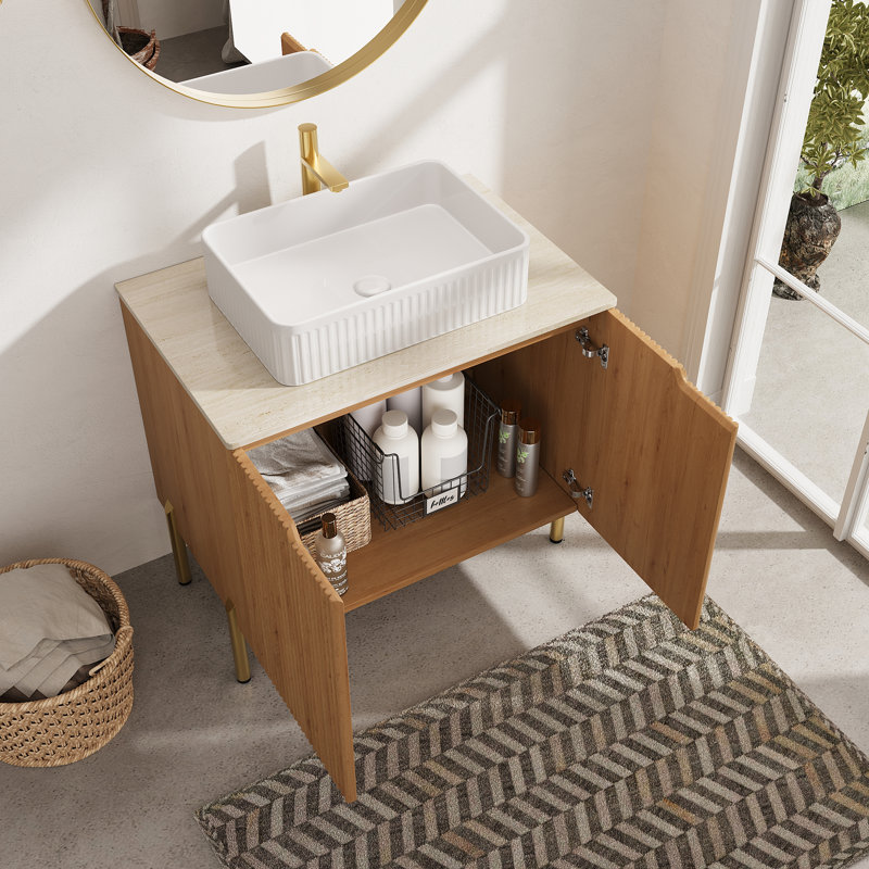 Meuble-lavabo autoportant de 30 po avec 2 portes, lavabo en céramique blanc et comptoir blanc Carrara, Chêne clair