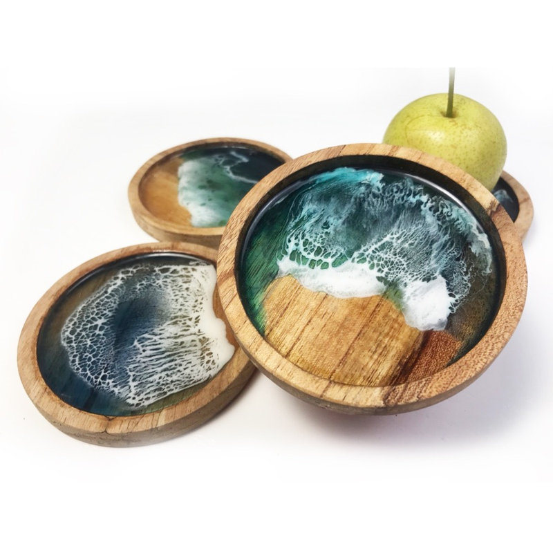 1 plateau en bois d'acacia et résine en résine époxy bord de mer - 1 pièce