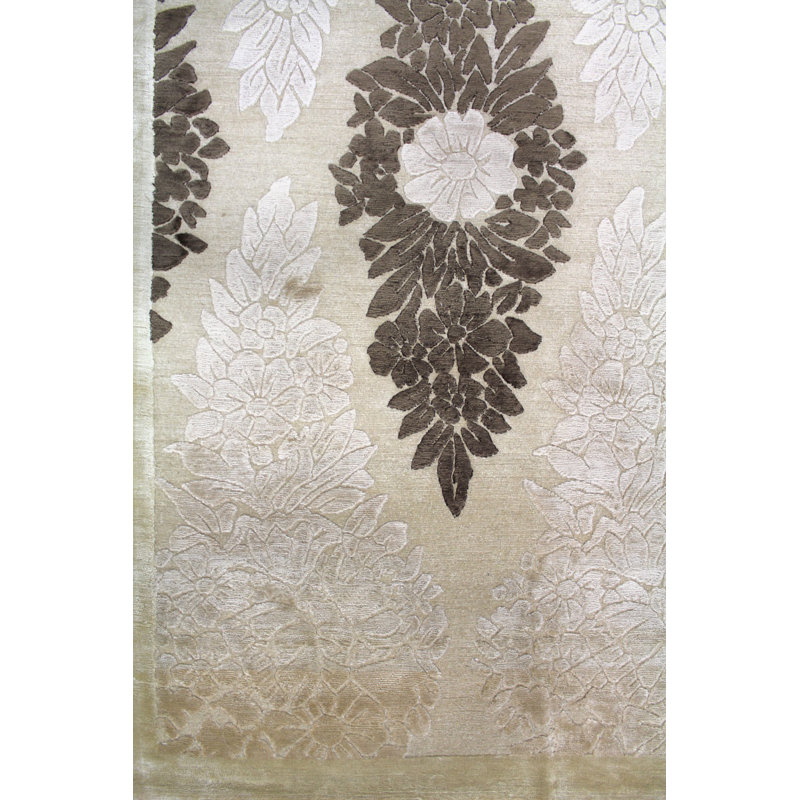 Tapis ivoire noué à la main de conception unique 9 pi x 12 pi New Age Bouquet