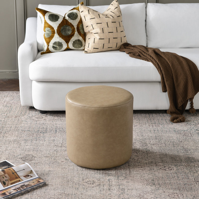 18" Wide Faux Leather Round Upholstered Ottoman, Khaki