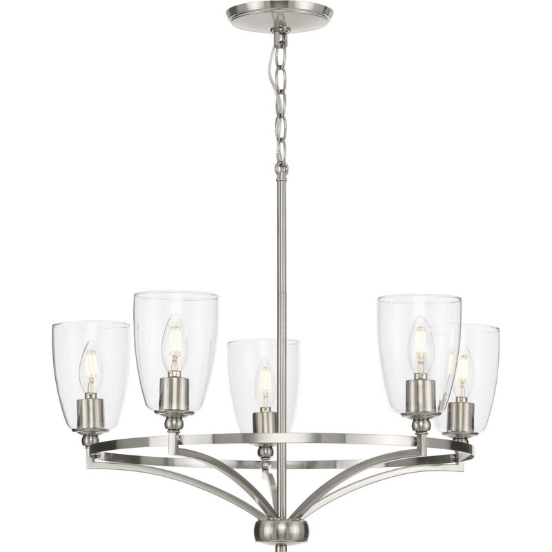 Lustre traditionnel 5 lumières en verre transparent, Nickel brossé