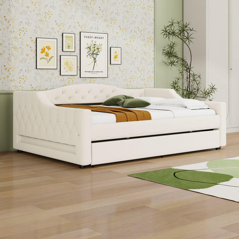Full XL Upholstered Daybed with Trundle and LED Lighting, Beige