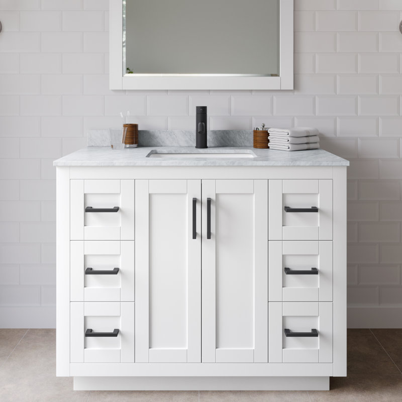 Miranda 42" Freestanding Single Bathroom Vanity with Marble Top with 34" Mirror, White, Matte Black