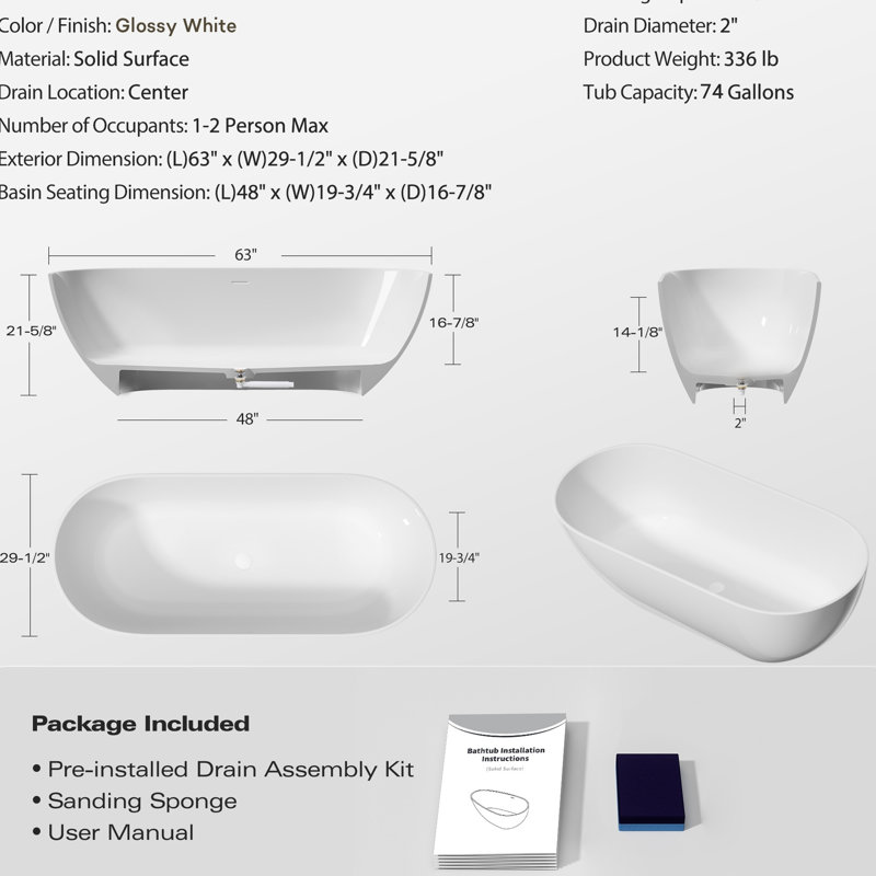 63" Freestanding Soaking Bathtub In Glossy White, Solid Surface Material, Contemporary Bathroom Use, Overflow And Pop - Up Drain, Ergonomic Lumbar Arch, Long Term Thermal Balance Luxury Spa Like