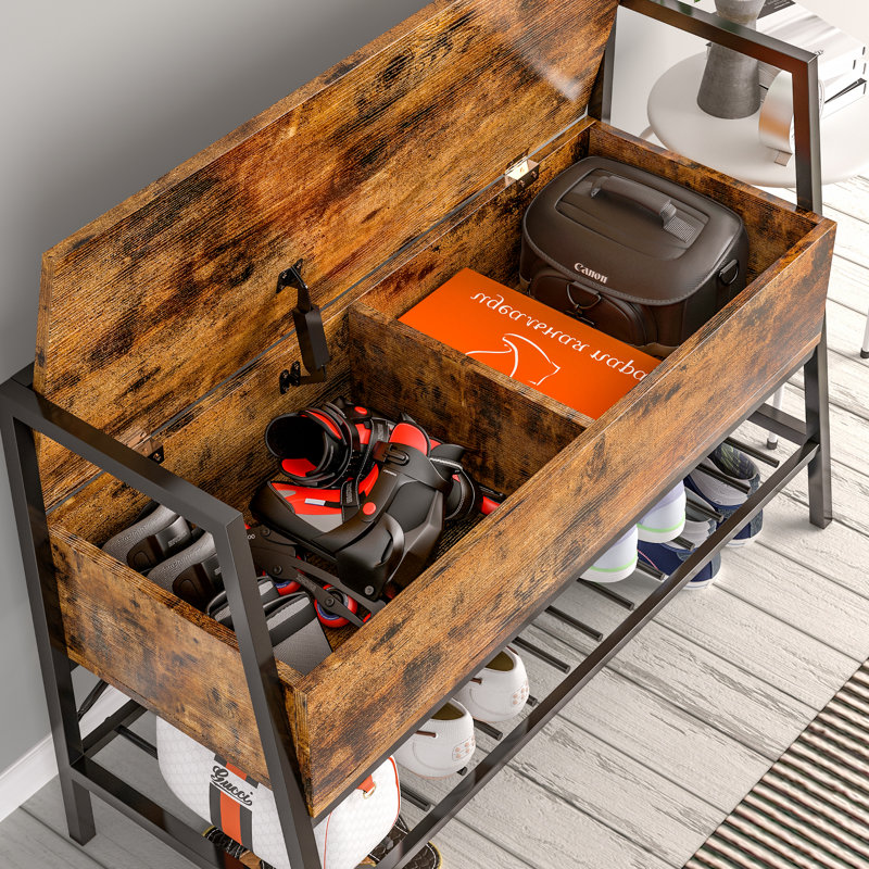 Industrial Shoe Storage Cabinet Bench with 2-Tier Shelves, Stool with Hidden Storage Space, for Entrance , Brown