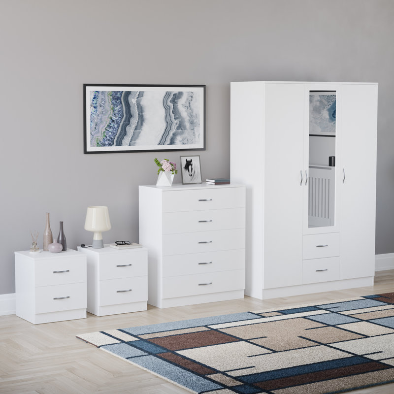 Tayce 4 Piece Bedroom Set (2 Drawer Bedside Chest X2, 5 Drawer Chest, 3 Door 2 Drawer Mirrored Wardrobe), White