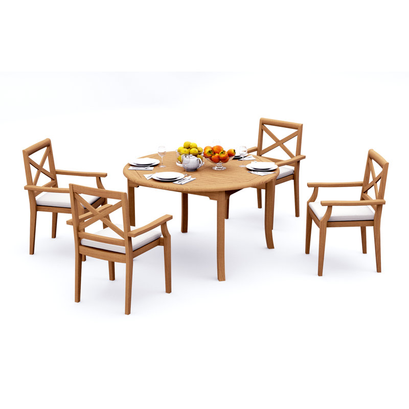 5 Pcs Grade-A Teak Wood Dining Set: 52" Round Table And 4 Granada Stacking Arm Chairs #11GR1104, 4