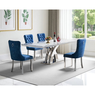 Modern 68.11" Faux Marble Dining Table Set , White Marble Dining Table with Velvet Dining Chairs, Dining Room Table and Chairs Set, Luxury Dining Table Set for Kitchen Dining