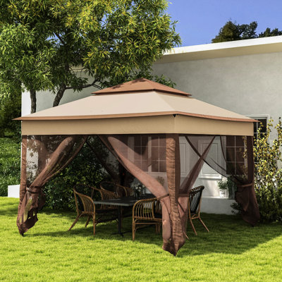 Abri escamotable 11 'X. Pavillon de jardin extérieur avec filet amovible. Tente instantanée pour patio. Kaki. Double et stable en métal. Pour les abris de patio avec fermeture à glissière. Jardin. Grand métal