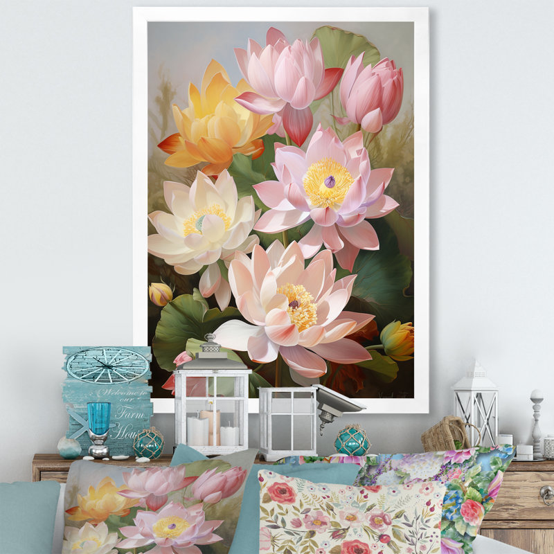 Lotus Exquis Bouquet sur toile, Cadre photo blanc, H 20 po x l 12 po x P 1 po