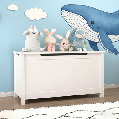Kids Wooden Toy Box Storage with Safety Hinged Lid for Ages 2+ (White)