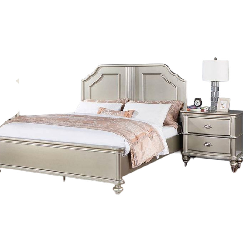 Lit grand format avec deux panneaux argentés traditionnels, fabriqués en pin, pour le style de chambre à coucher argenté, construction en pin, chaleur