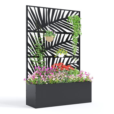 Grande boîte à fleurs surélevée en métal avec treillis de jardin - 15,8 po de profondeur pour plantes grimpantes - 118 x 40 x 180 cm, motif feuilles de palmier